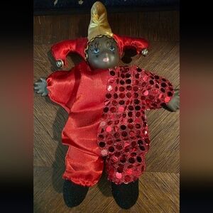 Vintage 9" Red And Gold Porcelain Jester Clown Doll with Sequined Outfit